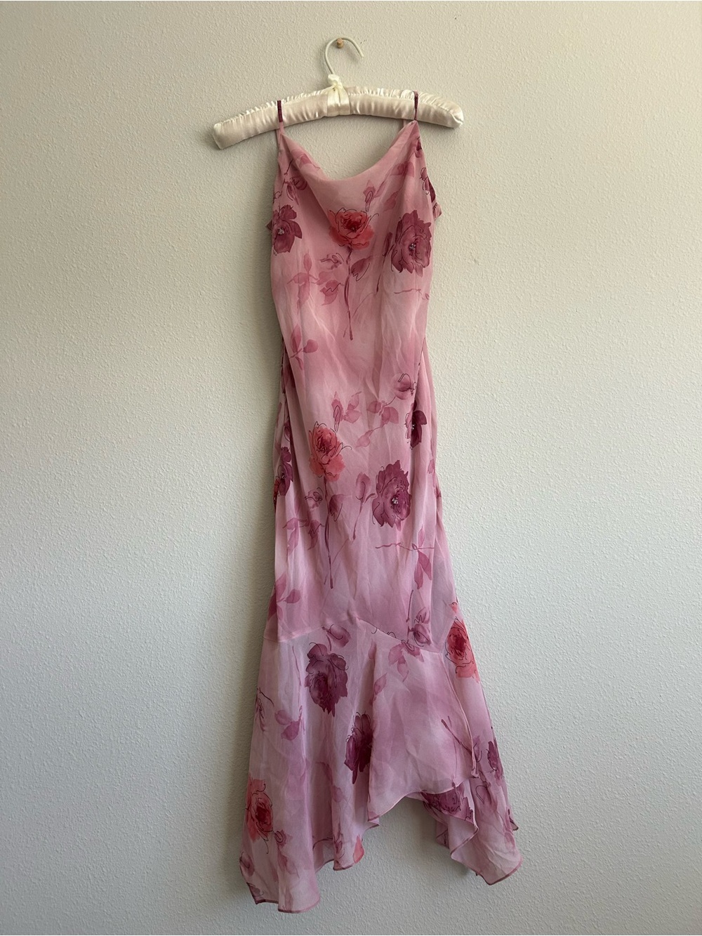 Stunning Y2K Pink Floral Slip Asymmetrical Midi Dress